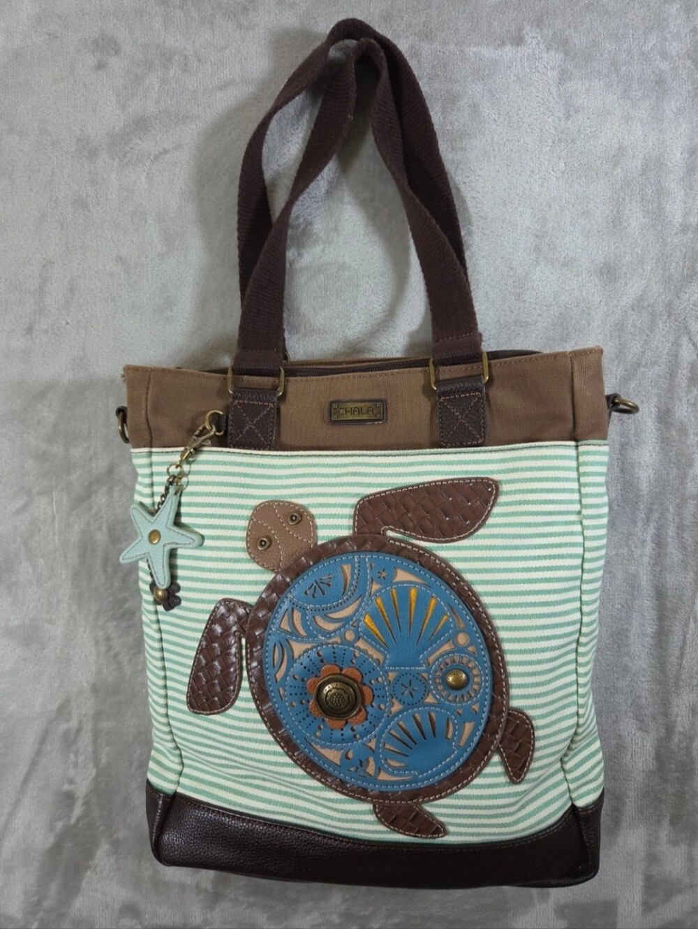 CHALA Work Tote Shoulder Bag Turtle Teal Striped